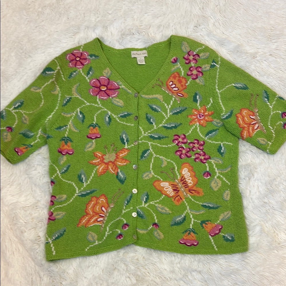 Vintage Northern Isles Sweater Short Sleeved Butterfly and Floral Size Large